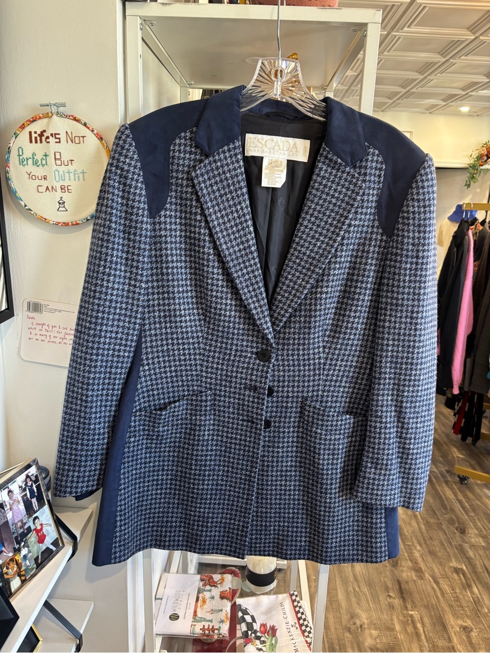 Escada vintage Navy Houndstooth Blazer with Suede Shoulder Panels